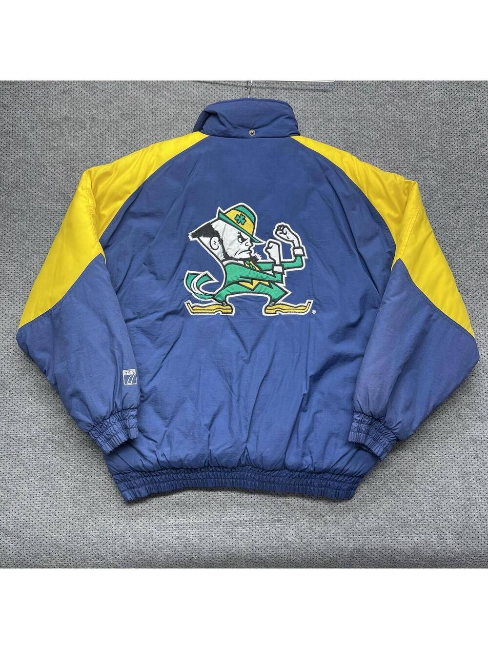 Vintage 90s Notre Dame University Fighting Irish Puffer Jacket Large Logo 7 Navy